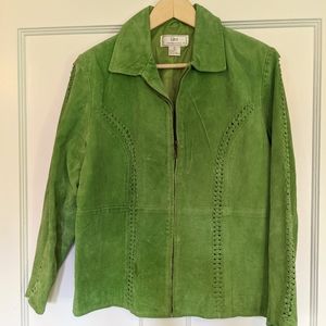 Vintage Bright Key Lime Suede Leather Zip Up Jacket with Braided Sleeve Detail M